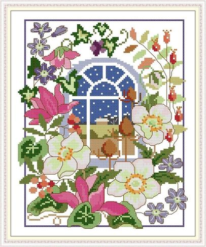 CaptainCrafts Stamped Cross Stitch Kits Preprinted Pattern 11CT Fabric Embroidery Adults Kits for Home Decor Crafts Kit Four Seasons Window Scenery (Summer, Stamped 11CT) in Saudi Arabia