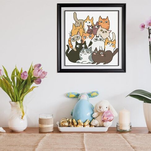 FREEBLOSS 11CT Cross Stitch Kits 13 Cats Pattern Stamped Cross Stitch Wall Painting Craft Kit Full Range of Embroidery Starter Kits for Adult Beginners with Instruction 17.7 x 17.7 in Saudi Arabia