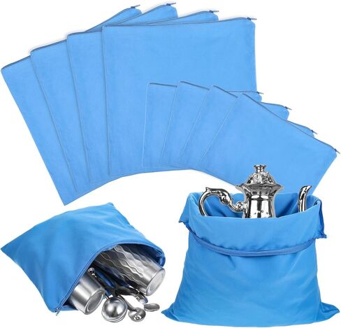 8PCS Silver Storage Bags Anti Tarnish, 18" x 18" 9" x 12" Zippered Anti Tarnish Jewelry Storage, Velvet Silverware Polishing Storages Pouch for Jewelry, Flatware, Trays, Vase (Blue) in Saudi Arabia