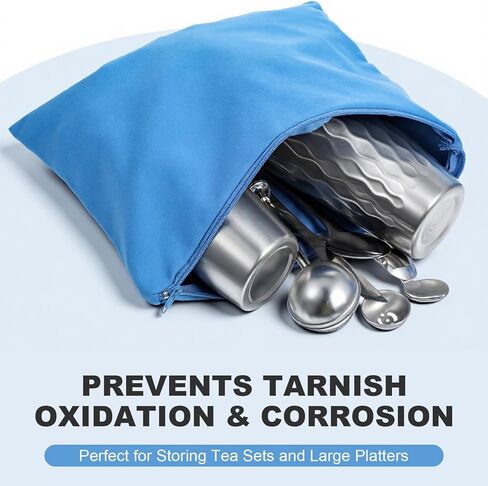8PCS Silver Storage Bags Anti Tarnish, 18" x 18" 9" x 12" Zippered Anti Tarnish Jewelry Storage, Velvet Silverware Polishing Storages Pouch for Jewelry, Flatware, Trays, Vase (Blue) in Saudi Arabia