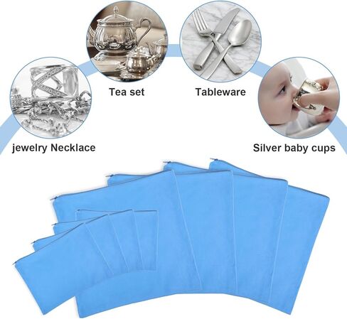 8PCS Silver Storage Bags Anti Tarnish, 18" x 18" 9" x 12" Zippered Anti Tarnish Jewelry Storage, Velvet Silverware Polishing Storages Pouch for Jewelry, Flatware, Trays, Vase (Blue) in Saudi Arabia