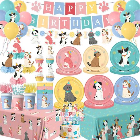 Dog Themed Birthday Party Decorations,Puppy Birthday Party Decorations Vintage Dog Plates and Napkins,Cups,Tablecloth,Happy Birthday Banner,Balloon,Cake Topper for Kids Dog Birthday Party Supplies in Saudi Arabia