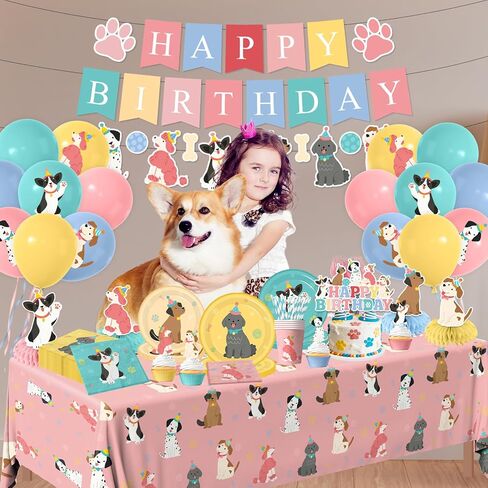 Dog Themed Birthday Party Decorations,Puppy Birthday Party Decorations Vintage Dog Plates and Napkins,Cups,Tablecloth,Happy Birthday Banner,Balloon,Cake Topper for Kids Dog Birthday Party Supplies in Saudi Arabia