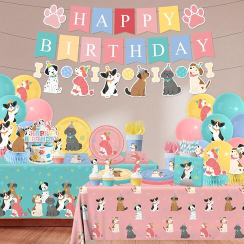 Dog Themed Birthday Party Decorations,Puppy Birthday Party Decorations Vintage Dog Plates and Napkins,Cups,Tablecloth,Happy Birthday Banner,Balloon,Cake Topper for Kids Dog Birthday Party Supplies in Saudi Arabia
