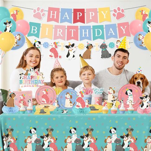 Dog Themed Birthday Party Decorations,Puppy Birthday Party Decorations Vintage Dog Plates and Napkins,Cups,Tablecloth,Happy Birthday Banner,Balloon,Cake Topper for Kids Dog Birthday Party Supplies in Saudi Arabia