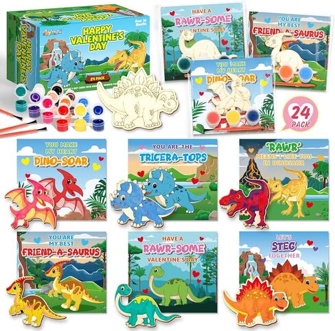 24 Pack Valentines Day Cards for Kids School Classroom with Dinosaur Wood Paint Crafts Set, Valentines Day Gifts for Kids Classroom Exchange Valentines Party Favors & Prizes Gifts for Boys Girls in Saudi Arabia