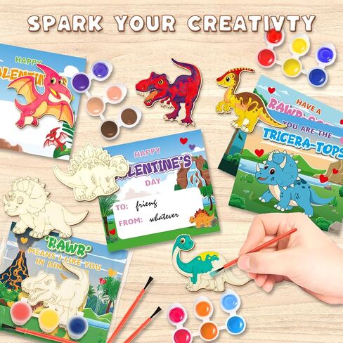 24 Pack Valentines Day Cards for Kids School Classroom with Dinosaur Wood Paint Crafts Set, Valentines Day Gifts for Kids Classroom Exchange Valentines Party Favors & Prizes Gifts for Boys Girls in Saudi Arabia