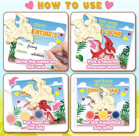 24 Pack Valentines Day Cards for Kids School Classroom with Dinosaur Wood Paint Crafts Set, Valentines Day Gifts for Kids Classroom Exchange Valentines Party Favors & Prizes Gifts for Boys Girls in Saudi Arabia