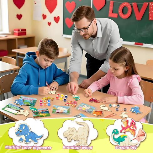24 Pack Valentines Day Cards for Kids School Classroom with Dinosaur Wood Paint Crafts Set, Valentines Day Gifts for Kids Classroom Exchange Valentines Party Favors & Prizes Gifts for Boys Girls in Saudi Arabia