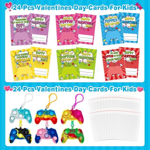 Duchong Valentines Cards for Kids Classroom, 24 Packs Game Shape Pop Fidget Keychains Bulk, Class Valentines Gifts for Kids, School Exchange Prizes & Party Favors for Boys Girls in Saudi Arabia