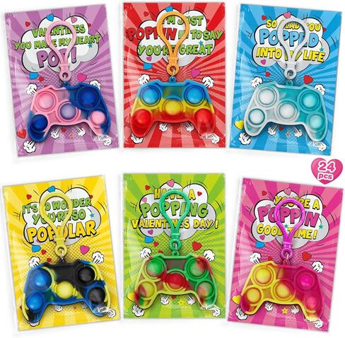 Duchong Valentines Cards for Kids Classroom, 24 Packs Game Shape Pop Fidget Keychains Bulk, Class Valentines Gifts for Kids, School Exchange Prizes & Party Favors for Boys Girls in Saudi Arabia