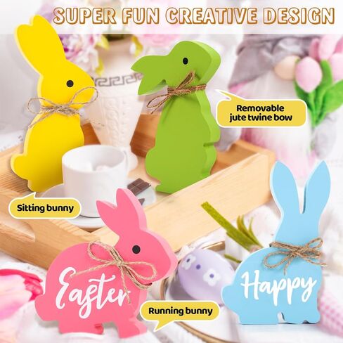 4PCS Bunnies Easter Decorations for The Home, Cute Bunny Table Decor with Jute Twine Bow Spring Decorations for Tiered Tray Party Favors Tabletop Indoor Gift in Saudi Arabia