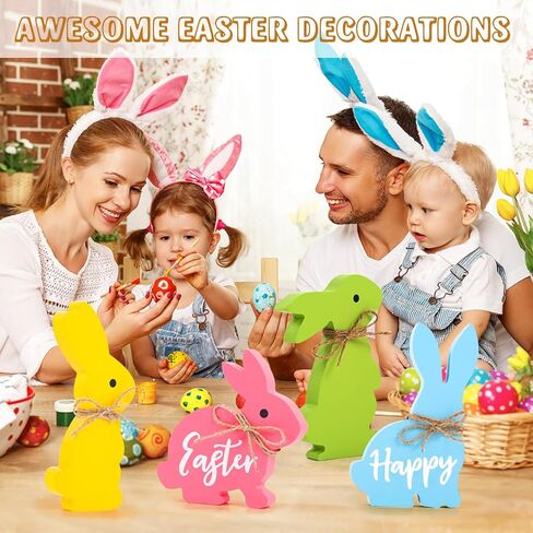 4PCS Bunnies Easter Decorations for The Home, Cute Bunny Table Decor with Jute Twine Bow Spring Decorations for Tiered Tray Party Favors Tabletop Indoor Gift in Saudi Arabia