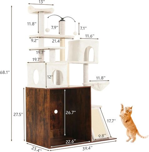 Cat Tree with Litter Box Enclosure, 68 Inch Large Cat Tower for Automatic Litter Box, 2-in-1 Cats House Condo with Scratching Posts, Scratching Board, Hammock and Ball, Rustic Brown in Kuwait