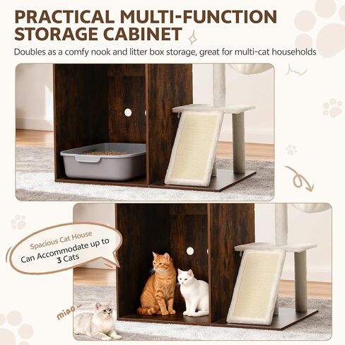 Cat Tree with Litter Box Enclosure, 68 Inch Large Cat Tower for Automatic Litter Box, 2-in-1 Cats House Condo with Scratching Posts, Scratching Board, Hammock and Ball, Rustic Brown in Kuwait