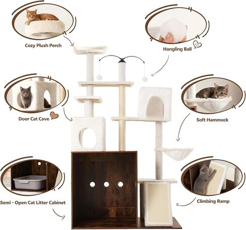 Cat Tree with Litter Box Enclosure, 68 Inch Large Cat Tower for Automatic Litter Box, 2-in-1 Cats House Condo with Scratching Posts, Scratching Board, Hammock and Ball, Rustic Brown in Kuwait