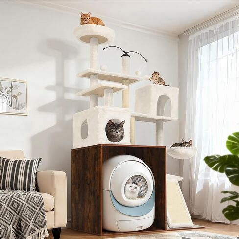 Cat Tree with Litter Box Enclosure, 68 Inch Large Cat Tower for Automatic Litter Box, 2-in-1 Cats House Condo with Scratching Posts, Scratching Board, Hammock and Ball, Rustic Brown in Kuwait