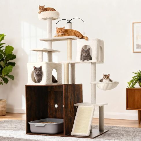 Cat Tree with Litter Box Enclosure, 68 Inch Large Cat Tower for Automatic Litter Box, 2-in-1 Cats House Condo with Scratching Posts, Scratching Board, Hammock and Ball, Rustic Brown in Kuwait