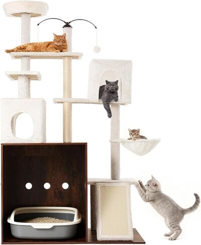 Cat Tree with Litter Box Enclosure, 68 Inch Large Cat Tower for Automatic Litter Box, 2-in-1 Cats House Condo with Scratching Posts, Scratching Board, Hammock and Ball, Rustic Brown in Kuwait
