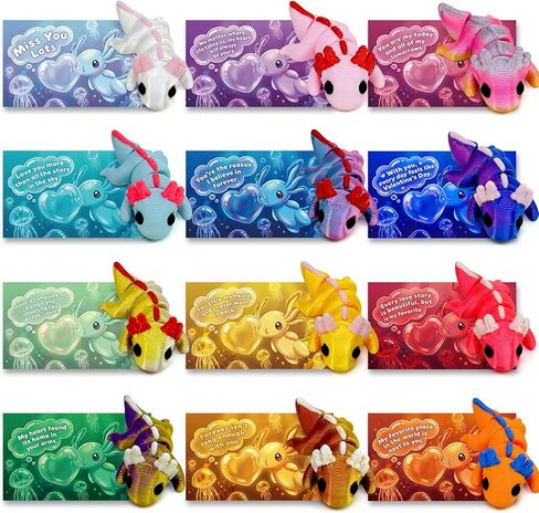 12 PCS 3D Printed Animals Axolotl Figurines Set with Valentine Greeting Cards for Valentines Day Gifts for Kids Gift School Classroom Exchange Party Supplies in Saudi Arabia
