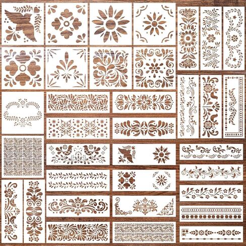 Marspark 35 Piece Talavera Stencil Floral Folk Reusable Mexican Talavera Stencil Floral Border Corner Drawing Tool for Furniture, Home Decor, Flooring, Gifts for Crafters in Saudi Arabia