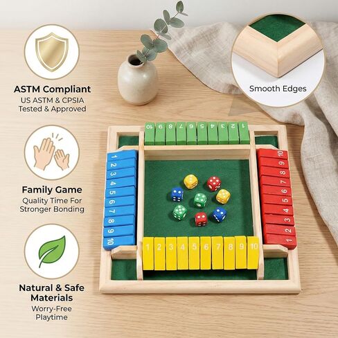 Wooden Shut The Box Dice Game, 2-4 Player Deluxe Board Game for Kids & Adults, Math Learning Toy for Addition Subtraction Multiplication Division, 10 Numbers Logic Game, Perfect Family, Pub, Party in Kuwait