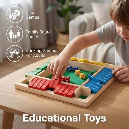 Wooden Shut The Box Dice Game, 2-4 Player Deluxe Board Game for Kids & Adults, Math Learning Toy for Addition Subtraction Multiplication Division, 10 Numbers Logic Game, Perfect Family, Pub, Party in Kuwait