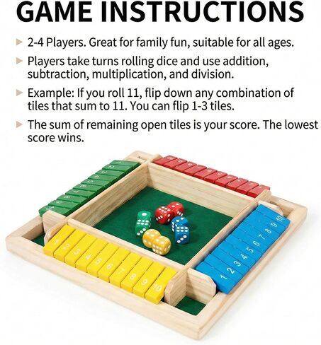 Wooden Shut The Box Dice Game, 2-4 Player Deluxe Board Game for Kids & Adults, Math Learning Toy for Addition Subtraction Multiplication Division, 10 Numbers Logic Game, Perfect Family, Pub, Party in Kuwait