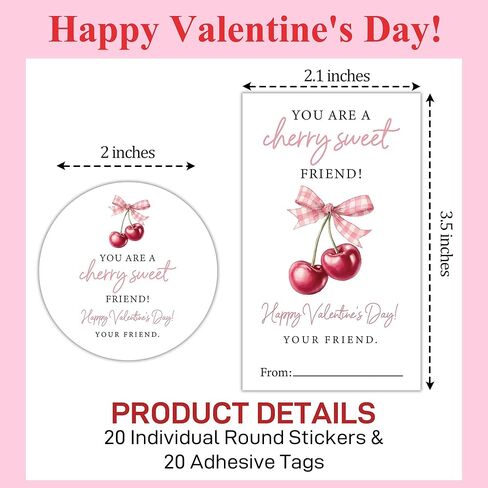ملصقات بطاقات هدايا عيد الحب من Cherry، ملصقات ملصقات You are Cherry Sweet Friend Valentine، تصميم فيونكة وردية، لوازم تغليف وديكور هدايا الحفلات المدرسية، تناسب الأولاد والبنات، 20 مستديرة و20 مستطيلة in Kuwait