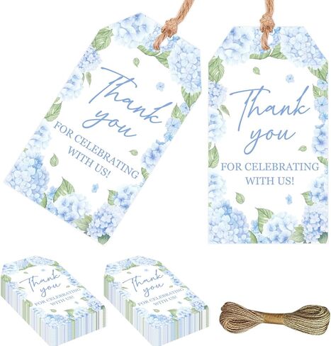 50Pcs Thank You Gift Tags with String, Blue Hydrangea Floral Present Tags Thank You for Celebrating with Us Paper Hanging Labels Weddings Bridal Baby Showers Birthday Party Favors in Saudi Arabia