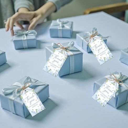 50Pcs Thank You Gift Tags with String, Blue Hydrangea Floral Present Tags Thank You for Celebrating with Us Paper Hanging Labels Weddings Bridal Baby Showers Birthday Party Favors in Saudi Arabia