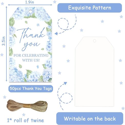50Pcs Thank You Gift Tags with String, Blue Hydrangea Floral Present Tags Thank You for Celebrating with Us Paper Hanging Labels Weddings Bridal Baby Showers Birthday Party Favors in Saudi Arabia