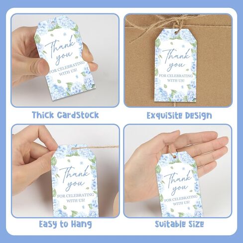 50Pcs Thank You Gift Tags with String, Blue Hydrangea Floral Present Tags Thank You for Celebrating with Us Paper Hanging Labels Weddings Bridal Baby Showers Birthday Party Favors in Saudi Arabia