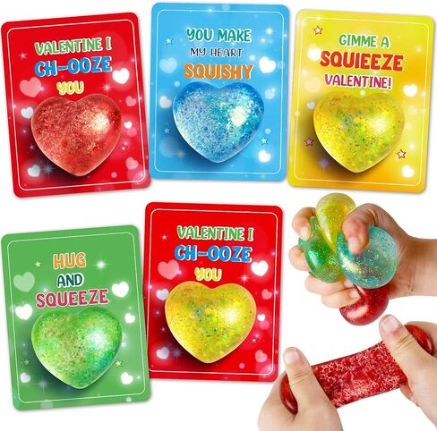 Valentines Day Gifts Cards for Kids, 24 Pack Heart Stress Balls with Greeting Cards, Stretchy Toy Balls Bulk Gift for Kids Classroom Exchange Prizes, Squeeze Fidget Toys for Party Favor in Kuwait