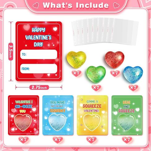 Valentines Day Gifts Cards for Kids, 24 Pack Heart Stress Balls with Greeting Cards, Stretchy Toy Balls Bulk Gift for Kids Classroom Exchange Prizes, Squeeze Fidget Toys for Party Favor in Kuwait