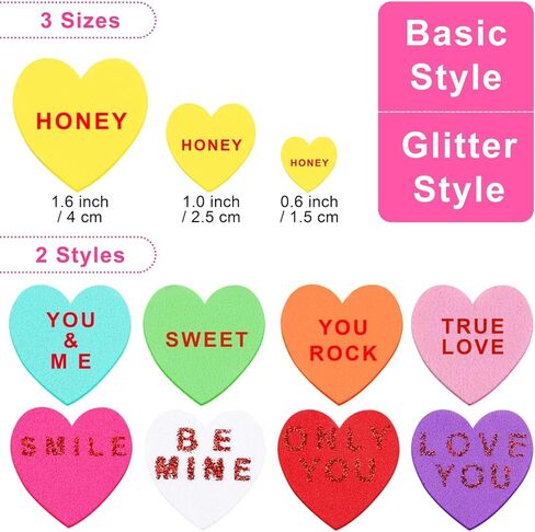 Fovths 500 Pieces Valentine Heart Foam Stickers Glitter Self-Adhesive Heart Shape Stickers Conversation Stickers for Greeting Cards, DIY Scrapbooking, Arts Craft Supplies, Assorted Sizes in Saudi Arabia