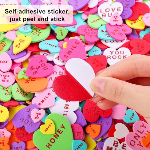 Fovths 500 Pieces Valentine Heart Foam Stickers Glitter Self-Adhesive Heart Shape Stickers Conversation Stickers for Greeting Cards, DIY Scrapbooking, Arts Craft Supplies, Assorted Sizes in Saudi Arabia