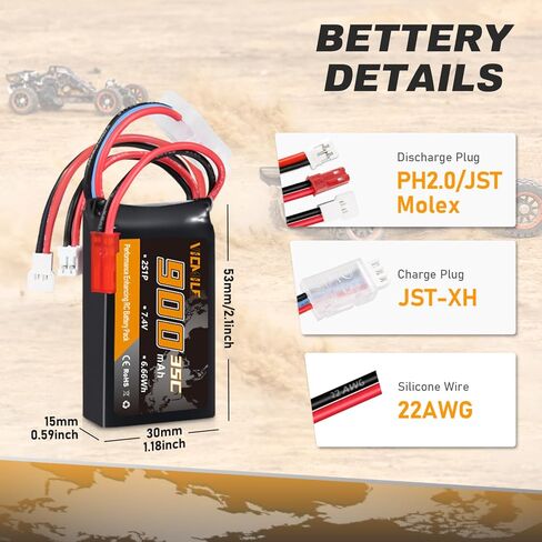 بطارية SCX24 7.4V 900mAh Lipo Battery 2S 35C(Burst 70C) FCX24 بطارية مع PH2.0&JST&Molex Plug مناسبة لسيارة FMS SCX24 RC WLtoys A949 A959 A969 A979 K929 Most 1/10 1/16 1/18 1/24 RC Car Truck in Saudi Arabia