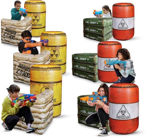 12-Piece Inflatable Combat Battlefield Set — Includes 6 Barrels, 3 Army Boxes, 3 Sandbag Barricades for Laser Tag, Water Gun, Dart Blaster, and Action-Themed Parties in Saudi Arabia