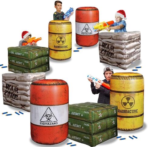 12-Piece Inflatable Combat Battlefield Set — Includes 6 Barrels, 3 Army Boxes, 3 Sandbag Barricades for Laser Tag, Water Gun, Dart Blaster, and Action-Themed Parties in Saudi Arabia