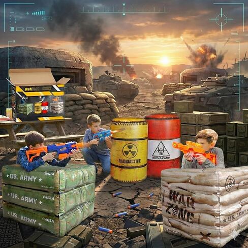 12-Piece Inflatable Combat Battlefield Set — Includes 6 Barrels, 3 Army Boxes, 3 Sandbag Barricades for Laser Tag, Water Gun, Dart Blaster, and Action-Themed Parties in Saudi Arabia
