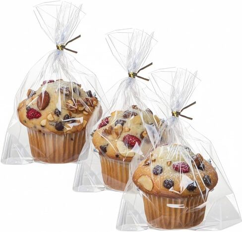 100Pack 6x7" Cellophane Cupcake Bags with Gold Twist Ties, Flat Bottom–Food Safe Bakery Packaging for Muffins, Chocolate Bombs, Cookies&Macarons–Perfect for Party Favors&Holiday in Saudi Arabia