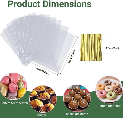 100Pack 6x7" Cellophane Cupcake Bags with Gold Twist Ties, Flat Bottom–Food Safe Bakery Packaging for Muffins, Chocolate Bombs, Cookies&Macarons–Perfect for Party Favors&Holiday in Saudi Arabia