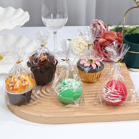 100Pack 6x7" Cellophane Cupcake Bags with Gold Twist Ties, Flat Bottom–Food Safe Bakery Packaging for Muffins, Chocolate Bombs, Cookies&Macarons–Perfect for Party Favors&Holiday in Saudi Arabia