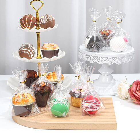 100Pack 6x7" Cellophane Cupcake Bags with Gold Twist Ties, Flat Bottom–Food Safe Bakery Packaging for Muffins, Chocolate Bombs, Cookies&Macarons–Perfect for Party Favors&Holiday in Saudi Arabia