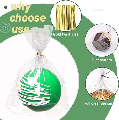 100Pack 6x7" Cellophane Cupcake Bags with Gold Twist Ties, Flat Bottom–Food Safe Bakery Packaging for Muffins, Chocolate Bombs, Cookies&Macarons–Perfect for Party Favors&Holiday in Saudi Arabia