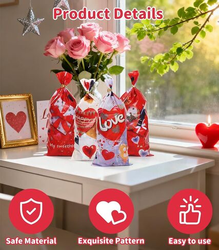 100 قطعة من حقائب هدايا السيلوفان لعيد الحب من ZMENCY مع أربطة ملفوفة، 4 تصميمات لحقائب الحلوى الجيدة لهدايا الحفلات، وتبادل الفصول المدرسية، وهدايا الزفاف والمكتب in Kuwait