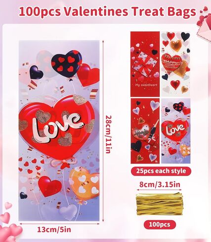 ZMENCY 100 Pcs Valentines Day Cellophane Treat Bags with Twist Ties, 4 Designs Candy Goodie Bags for Party Favors, School Classroom Exchange, Wedding & Office Gifts in Saudi Arabia