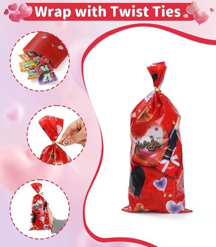 ZMENCY 100 Pcs Valentines Day Cellophane Treat Bags with Twist Ties, 4 Designs Candy Goodie Bags for Party Favors, School Classroom Exchange, Wedding & Office Gifts in Saudi Arabia