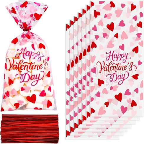 FYSUIMU 100 Pcs Happy Valentine's Day Cellophane Treat Bags Clear Candy Goodie Bags Red Pink Heart Plastic Gift Bag with Twist Ties for Wedding Anniversary Snack Cookie Party Favor in Saudi Arabia